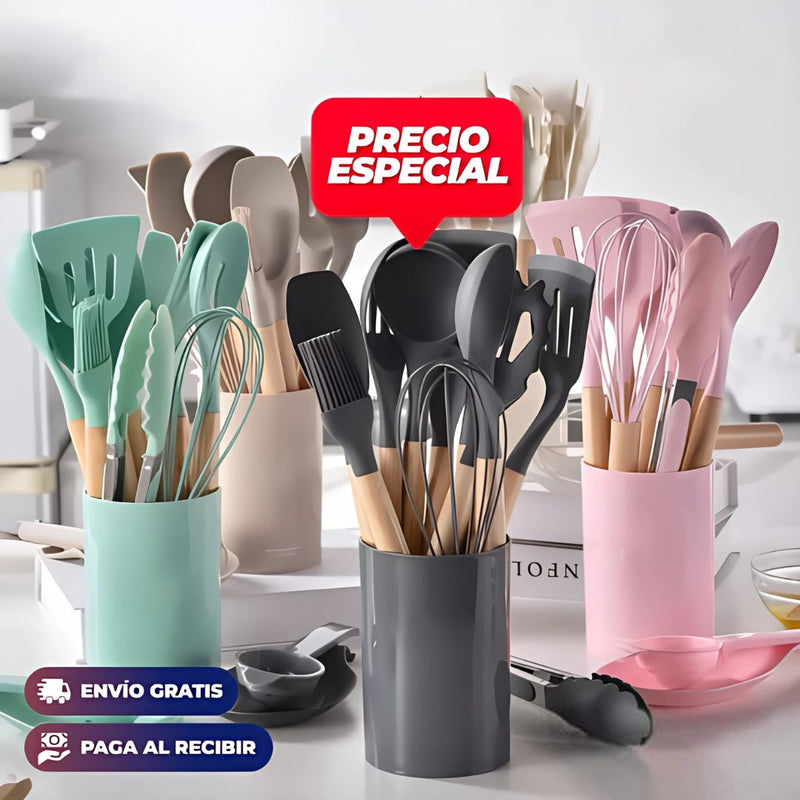 Set de 12 Utensilios de Cocina Antiadherente Silicona Resistentes al Calor